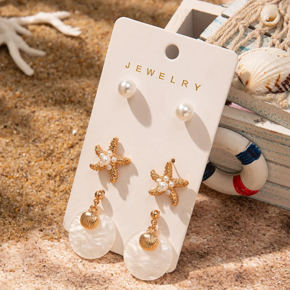 1 Set Vacation Marine Style Beach Starfish Shell Arylic Alloy Drop Earrings Ear Studs