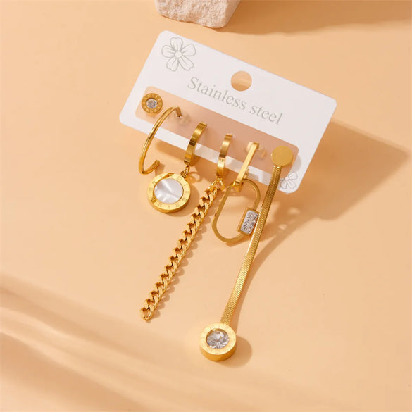 1 Set Vintage Style Round Roman Numeral Asymmetrical 304 Stainless Steel 18K Gold Plated Drop Earrings Ear Studs
