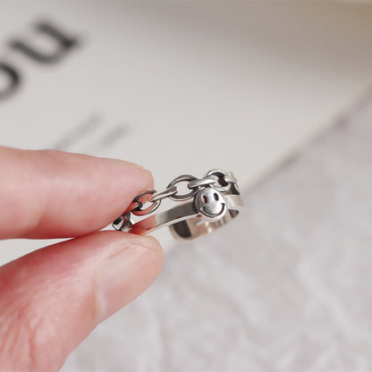 South Korea Dongdaemun Retro Smiley Face Double Ring S925 Sterling Silver Personalized Index Finger Ring