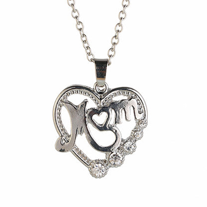 Fashion Mother's Day Mom Letter Pendant Alloy Heart Hollow Diamond Necklace
