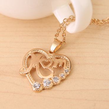 Fashion Mother's Day Mom Letter Pendant Alloy Heart Hollow Diamond Necklace