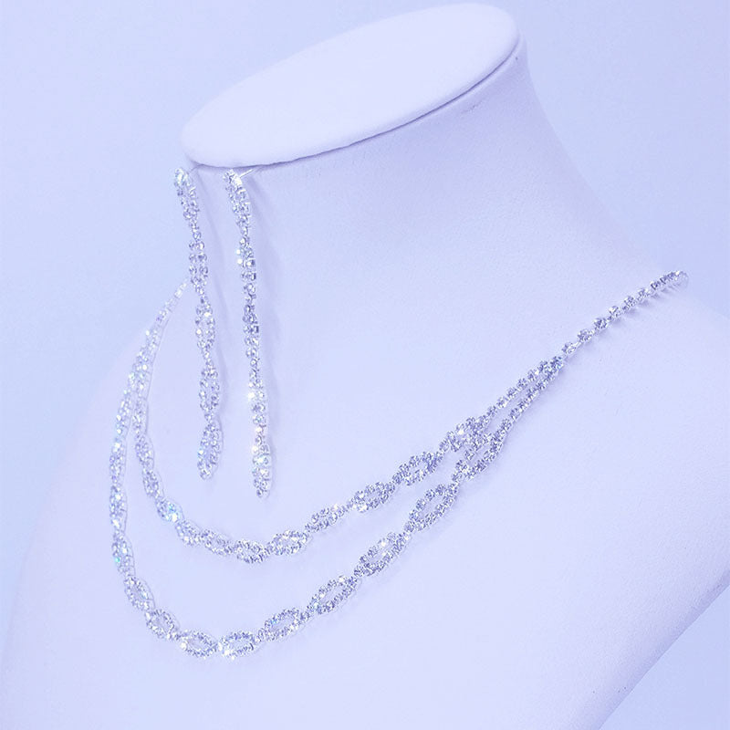 Fashion New Bridal Ornament Diamond Double-layer Horse Eye Necklace Earrings Wedding Set