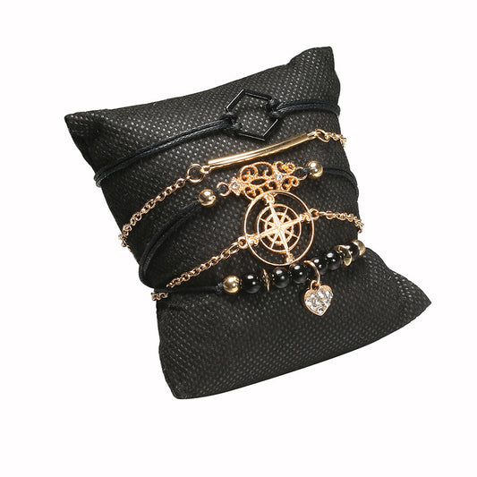 Compass Totem Black Hexagon Diamond Heart Beaded Pendant Bracelet Sets