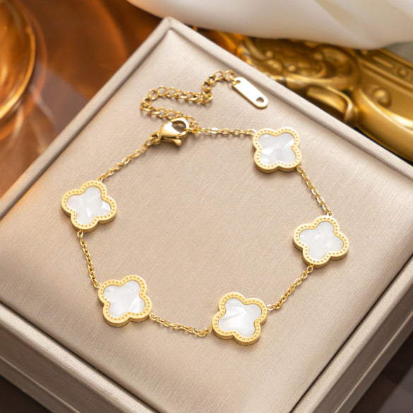 Nonfading Titanium Steel Fourleaf Clover Diamond Charm Bracelet With 18K Rose Gold Finish For Women