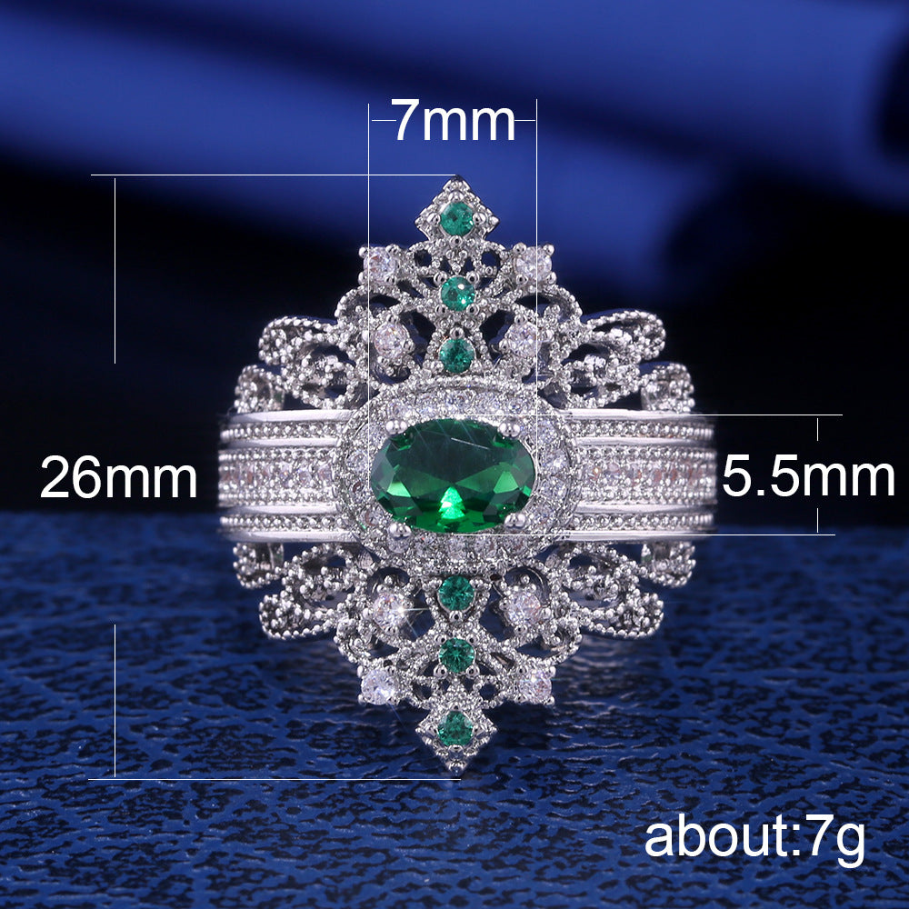 Retro Palace Style Copper Ring Ladies Inlaid Green Gem Jewelry Wholesale