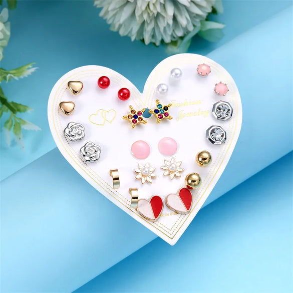 12 Pairs Casual Cute Heart Shape Strawberry Butterfly Inlay Alloy Artificial Rhinestones Ear Studs