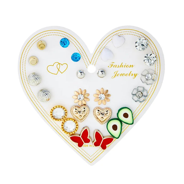 12 Pairs Casual Cute Heart Shape Strawberry Butterfly Inlay Alloy Artificial Rhinestones Ear Studs