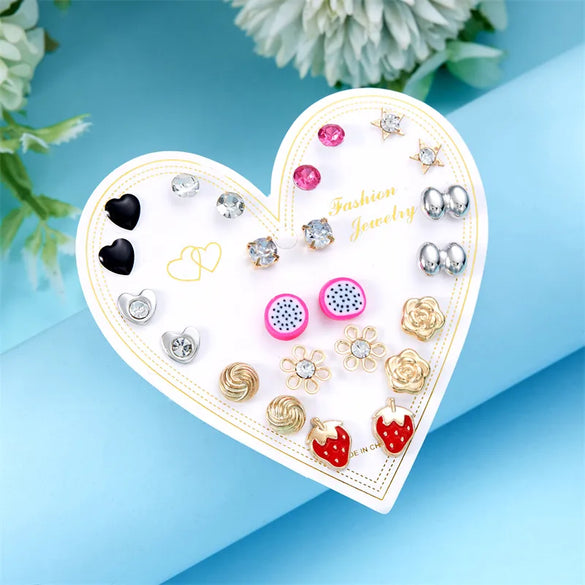 12 Pairs Casual Cute Heart Shape Strawberry Butterfly Inlay Alloy Artificial Rhinestones Ear Studs