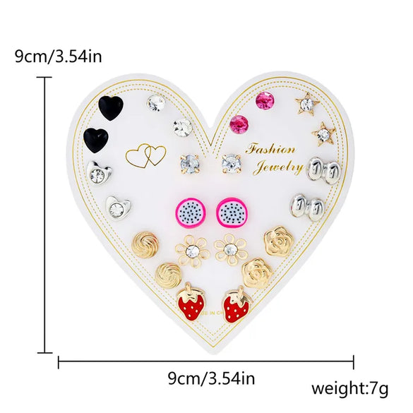12 Pairs Casual Cute Heart Shape Strawberry Butterfly Inlay Alloy Artificial Rhinestones Ear Studs