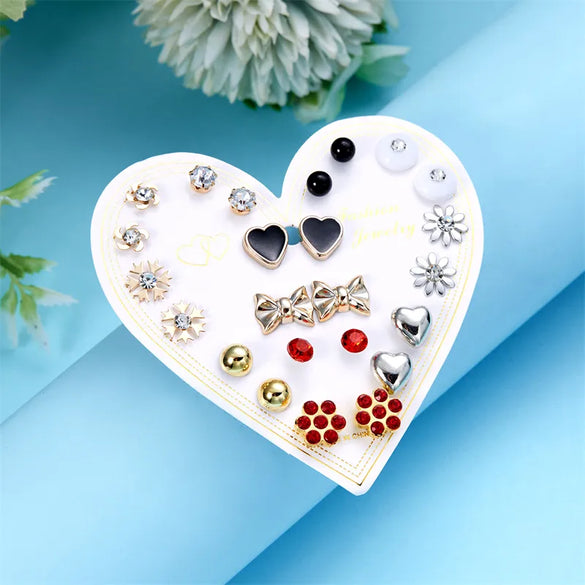 12 Pairs Casual Cute Heart Shape Strawberry Butterfly Inlay Alloy Artificial Rhinestones Ear Studs