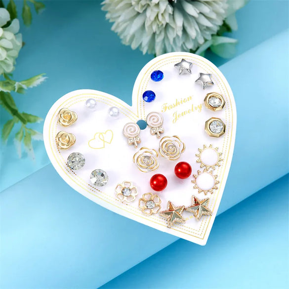 12 Pairs Casual Cute Heart Shape Strawberry Butterfly Inlay Alloy Artificial Rhinestones Ear Studs