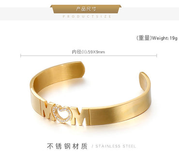 Korean Style Simple Heart-shaped Mom Titanium Steel Open-end Bangle Bracelet Mother's Day Jewelry Gift Factory Delivery