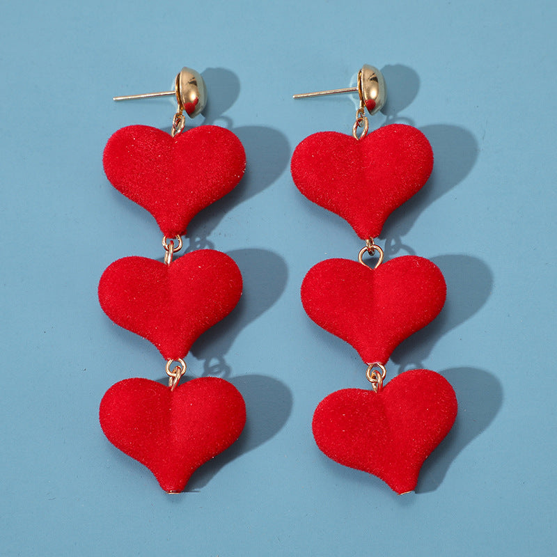 New Red Love Velvet Heart Peach Heart Pendant Long Temperament Earrings For Women