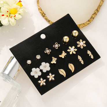 1 Set Fashion Leaves Flower Alloy Inlay Rhinestones Pearl Women's Ear Studs