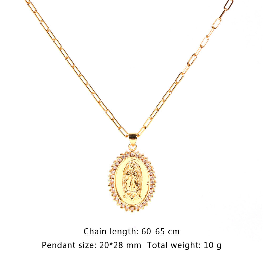 Hot-selling Micro-inlaid Zircon Thick Cable Chain Punk Hip-hop Virgin Mary Necklace