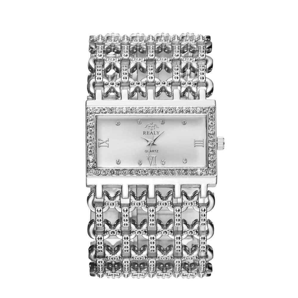 Fashion Temperament Rectangular Steel Band Ladies Bracelet Diamond Wide Strap Quartz Watch