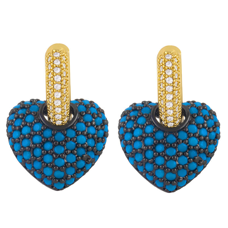 Fashion Heart Inlaid Zircon Copper Artificial Gemstones 18k Gold Plated Earrings