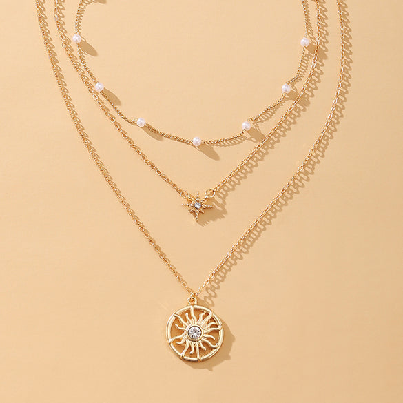 Sun Pendant Simple Retro Artificial Pearl Multilayer Necklace
