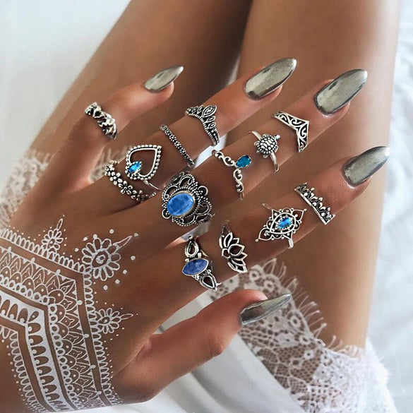 Fashion Geometric Stars Feathers Turquoise Diamond Ring Set