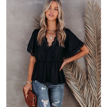 Fashion Lace Stitching Big V-neck Short-sleeved Lace-up Top