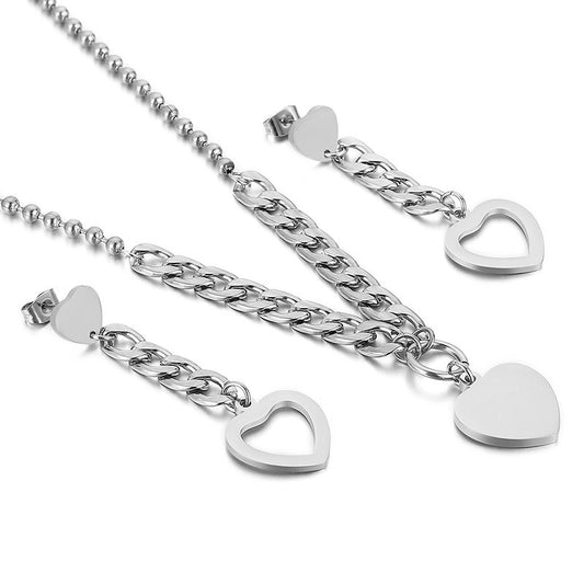 New Simple Stainless Steel Heart-shaped Earrings Necklace Set Wholesale Nihaojewelry