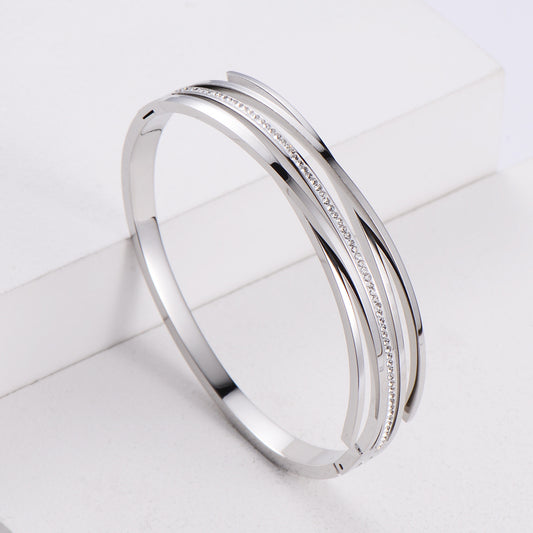 Korean Simple Stainless Steel Striped Three-color Rhinestone Bracelet Wholesale Nihaojewelry