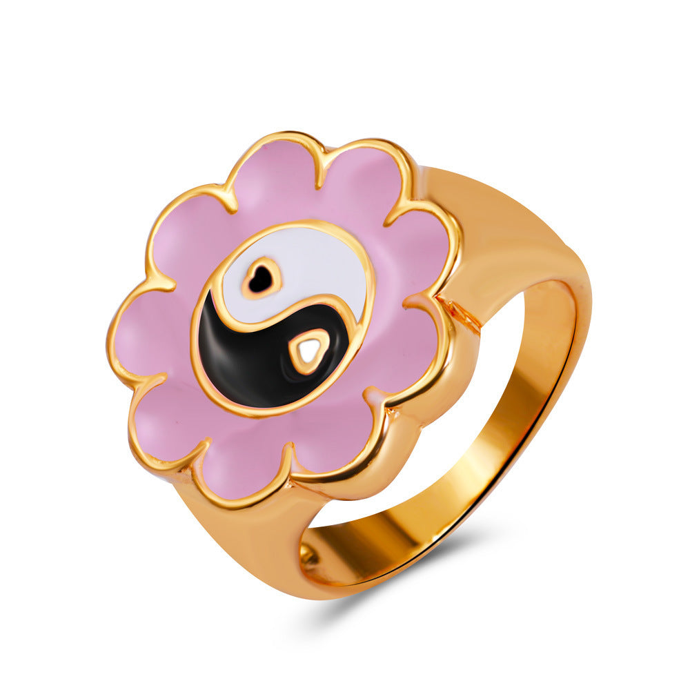 Vintage Tai Chi Oil Dripping Sunflower Heart Ring Wholesale Nihaojewelry