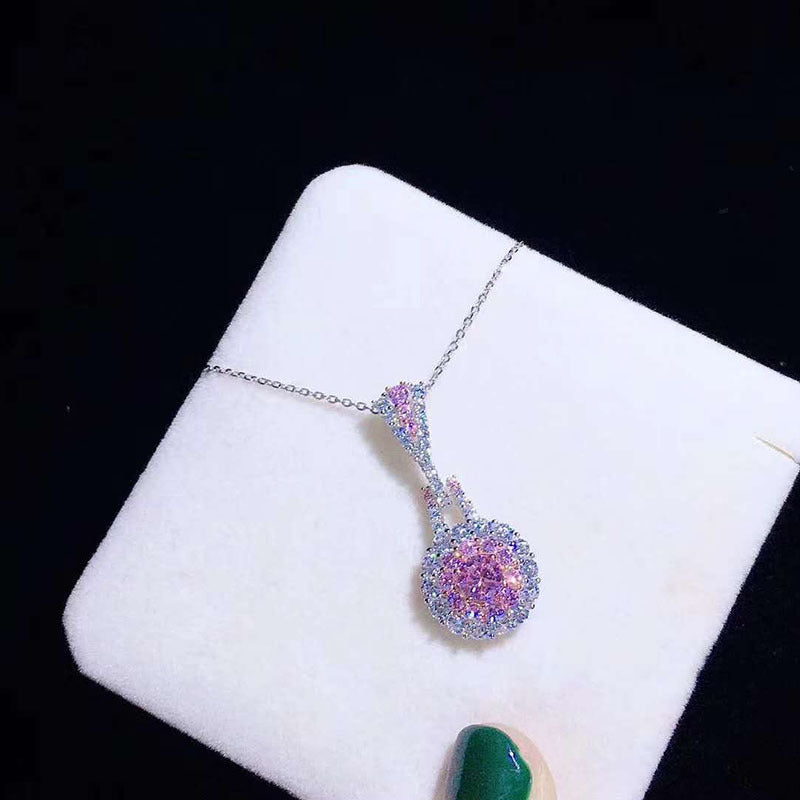 Pink Crystal Set Earrings Ring Necklace Retro Exquisite Zircon Earrings Pendant Special-interest Design Simple Ring