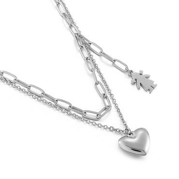 Stainless Steel Heart-shape Tassel Necklace Double Necklace