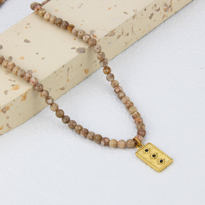 Boho Natural Stone Beaded Titanium Steel Tag Combination Necklace Women Wholesale