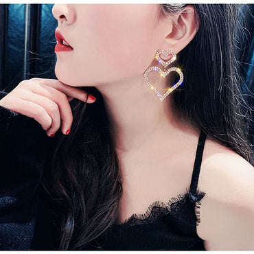 European And American Fashion Exaggerated Diamond S925 Silver Needle Double Love Earrings Temperament Wild Long Peach Heart Earrings Earrings