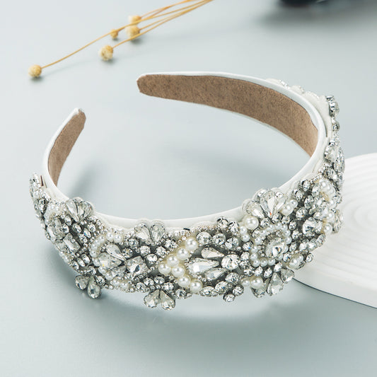 Baroque Silver Diamond Flower Geometric Inlaid Pearl Wide Headband
