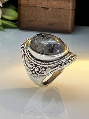 Retro Natural Stone Flash Stone Ring Ethnic Style Carved Exaggerated Ring