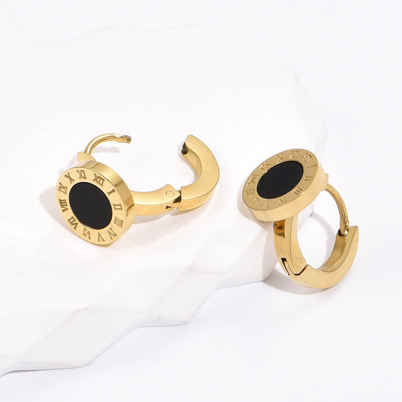 Titanium Steel Fashion 14k Gold Simple Roman Numeral Black Bezel Earrings