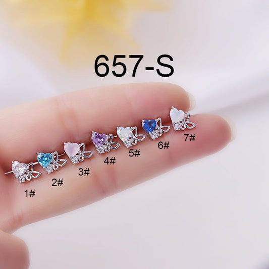 0.8mm Thin Rod Titanium Steel Heart Zircon Butterfly Korean Single Stud Earrings