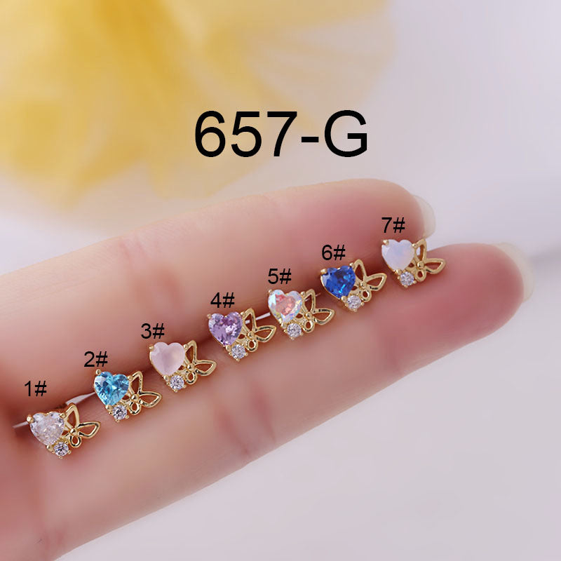 0.8mm Thin Rod Titanium Steel Heart Zircon Butterfly Korean Single Stud Earrings