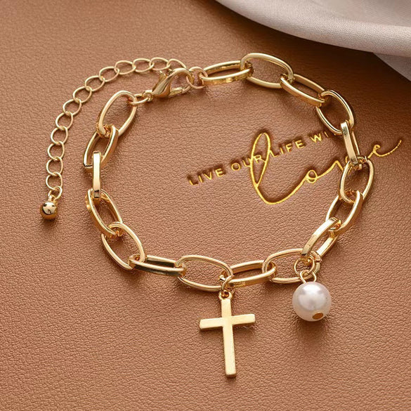 Creative Hip-Hop Heart Pearl Cross Gold Coin Portrait Pendant Bracelet