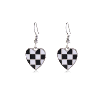 New Black And White Checkerboard Lattice Alloy Drop Oil Heart Earrings