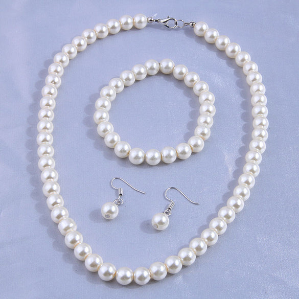 Korean Fashion Pearl Necklace Bracelet Earrings Set