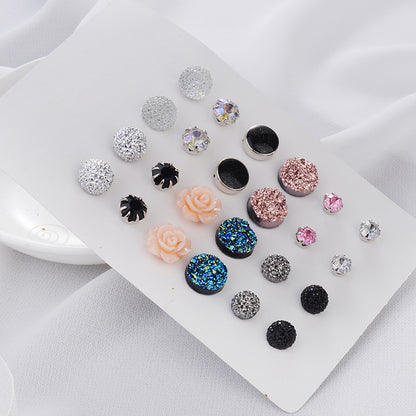 Crystal Flower Round Rhinestone Stud Earrings 12 Pairs Set