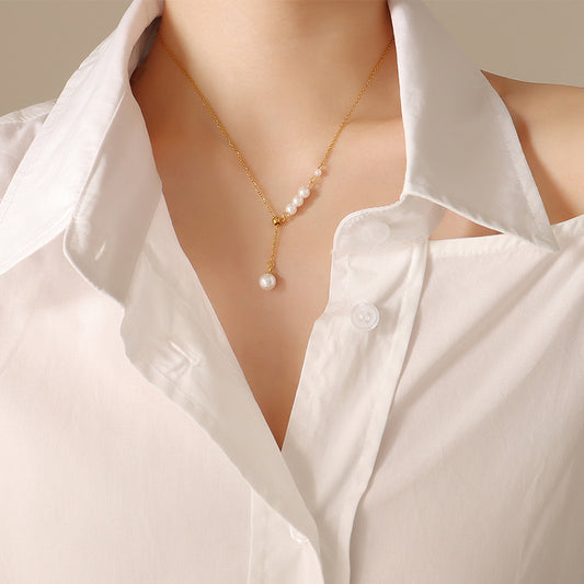 Fashion Baroque Imitation Pearl Pendant Titanium Steel Necklace