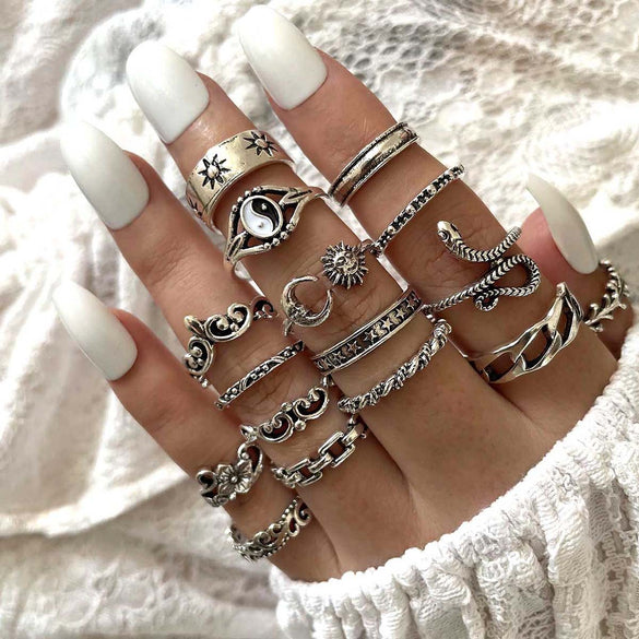 Retro Sun Moon Snake Leaves Flowers Knuckle Ring 16-Piece Ring Set
