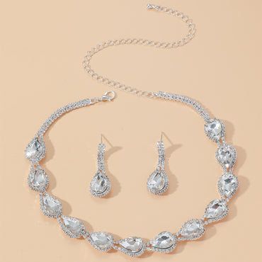 Fashion Water Drop Rhinestone Earrings Necklace Set Dress Banquet Accessories