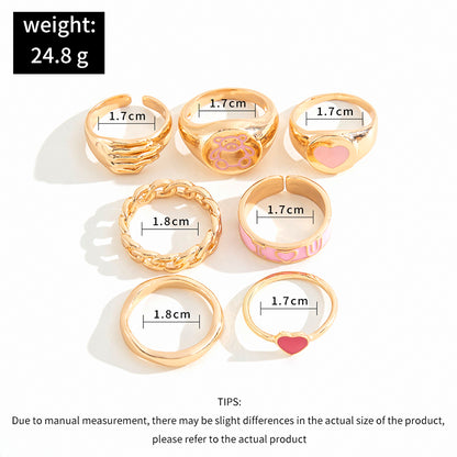 2022 New Fashion Delicate Pink Dripping Oil Heart Bear Color Matching Ring 7-piece Set