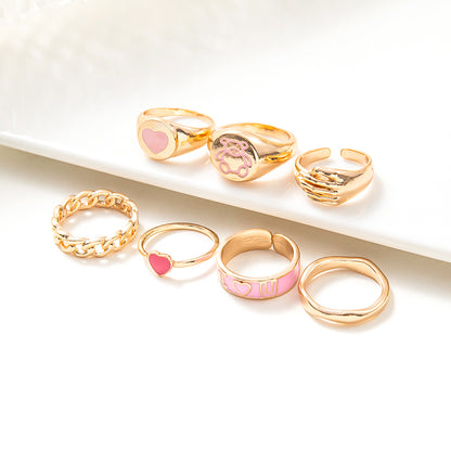 2022 New Fashion Delicate Pink Dripping Oil Heart Bear Color Matching Ring 7-piece Set