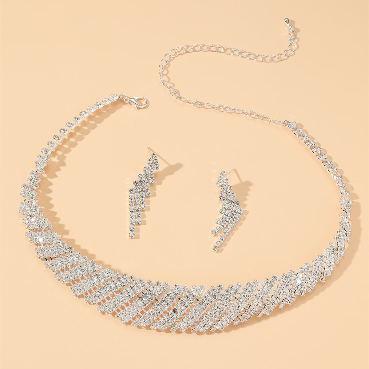 Women's Luxury Fashion Stripe Solid Color Argyle Alloy Rhinestone Earrings Necklace Jewelry Set Plating Diamond Zircon