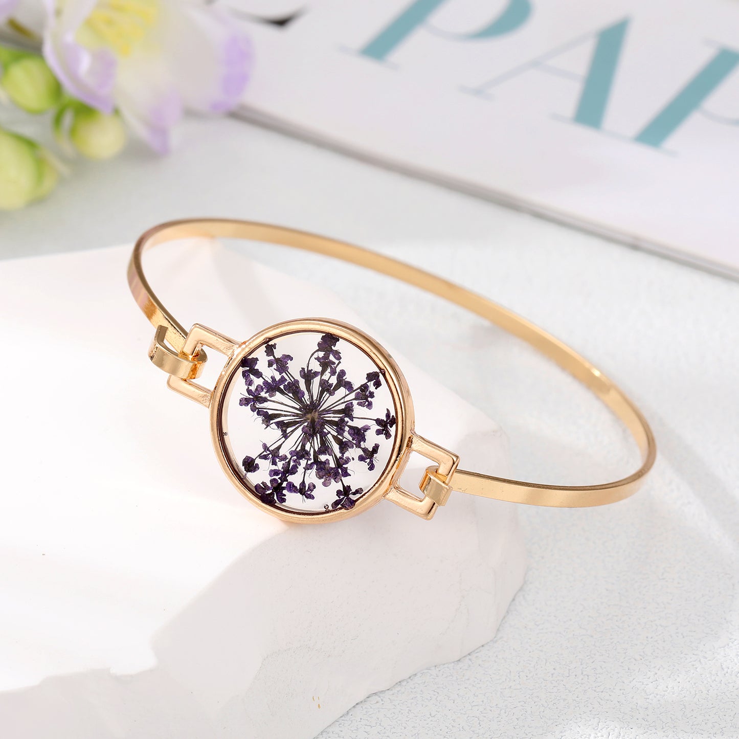 Simple Style Flowers Alloy Plating Resin Bangle