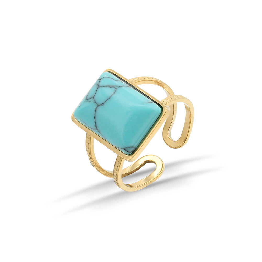 Retro Square Stainless Steel Open Ring Metal Turquoise Stainless Steel Rings
