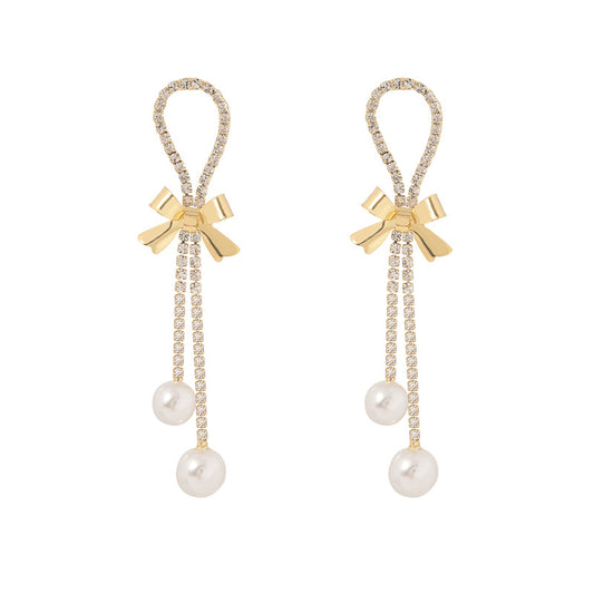 Fashion Geometric Bow Knot Alloy Inlay Artificial Pearls Rhinestone Dangling Earrings