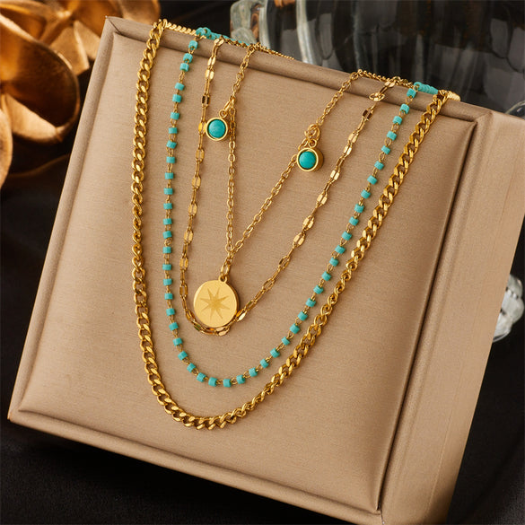 Vintage Style Geometric Stainless Steel Gold Plated Turquoise Layered Necklaces